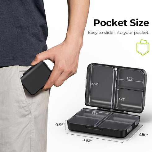 AUVON Travel Pill Organizer, Folding Design with 7 Compartments, Portable Pill Box for Pocket Bag, Black