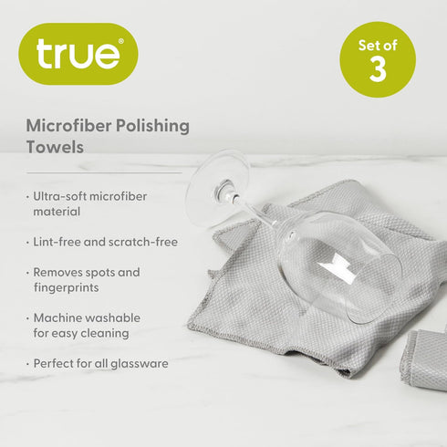 Set 3 True Microfiber Towels, Wine Glass Polishing Cloths, Streak Free Microfiber Cloth and Lint Free Towels, Grey