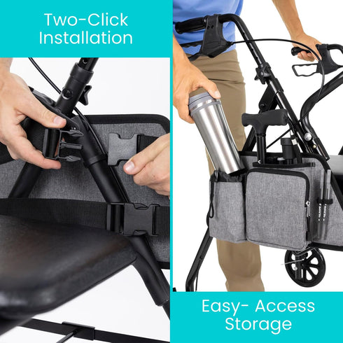 Vive Side Bag for Rollators, Wheelchairs, Walkers - Tote Organizer with Phone Pocket - Storage Travel Pouch - Small