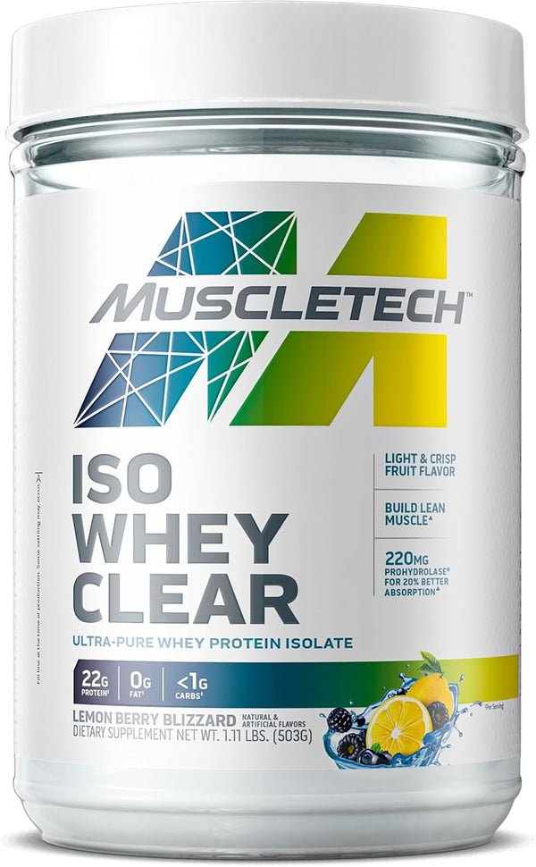 MuscleTech Whey Protein Powder, Clear Whey Isolate Protein Drink, 22g Protein, 90 Calories Lemon Berry Blizzard