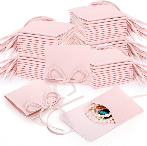 40 Pieces Pink Microfiber Jewelry Pouch, 8 x 8 cm Luxury Small Gift Bag with String for Earrings, Necklace, Ring