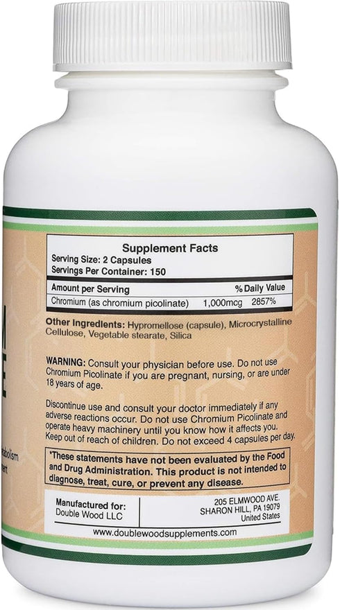 Chromium Picolinate 1000mcg for Healthy Weight Management, 300 Vegan Safe Capsules, Non-GMO, Gluten Free