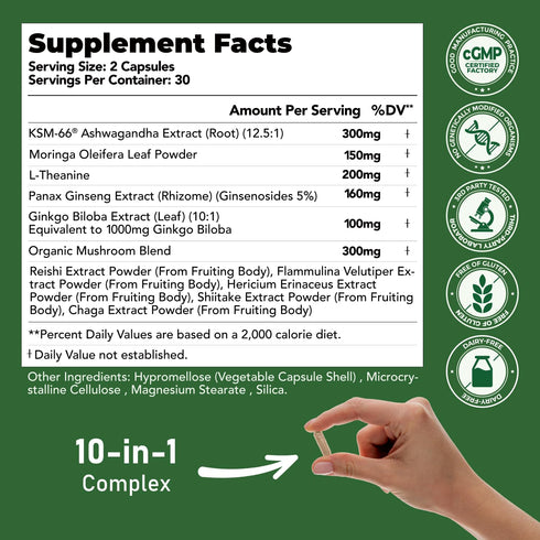 KSM-66 Immune 60 GlowEver Ashwagandha Supplements with L-Theanine Moringa Organic Mushrooms Complex Ginseng Ginkgo
