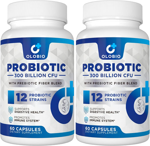 300 Billion CFU Probiotic, 12 Probiotic Strains + 3 Prebiotics, Daily Supplement for Digestive Health, 120 Counts