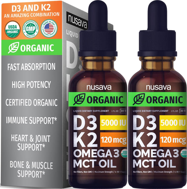 (2 Pack) Organic Vitamin D3 K2 Drops with MCT Oil, 5000 IU, Non-GMO, Unflavored, 2 Fl Oz