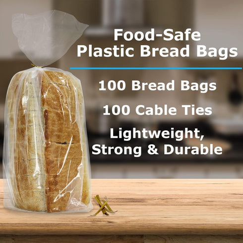Bread Bags with Ties, 100 Clear Reusable Bags and 100 Ties