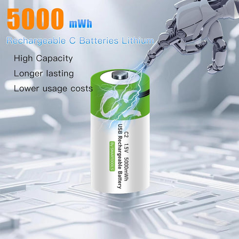 Lankoo 4pcs 1.5V 3300mAh 5000mWh 2.5 1200x C Battery USB Type-C C Rechargeable Batteries, High Capacity Hours Fast