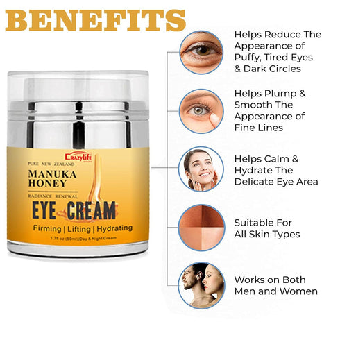 Manuka Honey Eye Cream for Dark Circles, Puffiness, Anti Aging, Fine Lines, Wrinkles, Retinol & Aloe Vera Relief