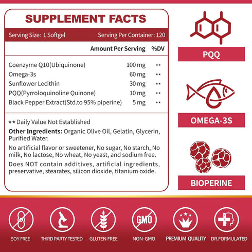 CoQ10-100mg-Softgels with PQQ, BioPerine & Omega-3, High Absorption Coenzyme Q10 Supplement, 120 Servings