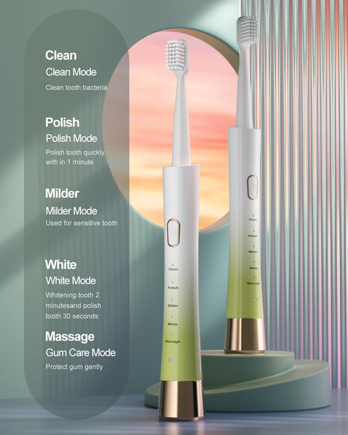 Upgrade Sonic Electric Toothbrush for Adults, 8 Replacement Brush Heads, Rechargeable with 2-Minute Timer, White & Green