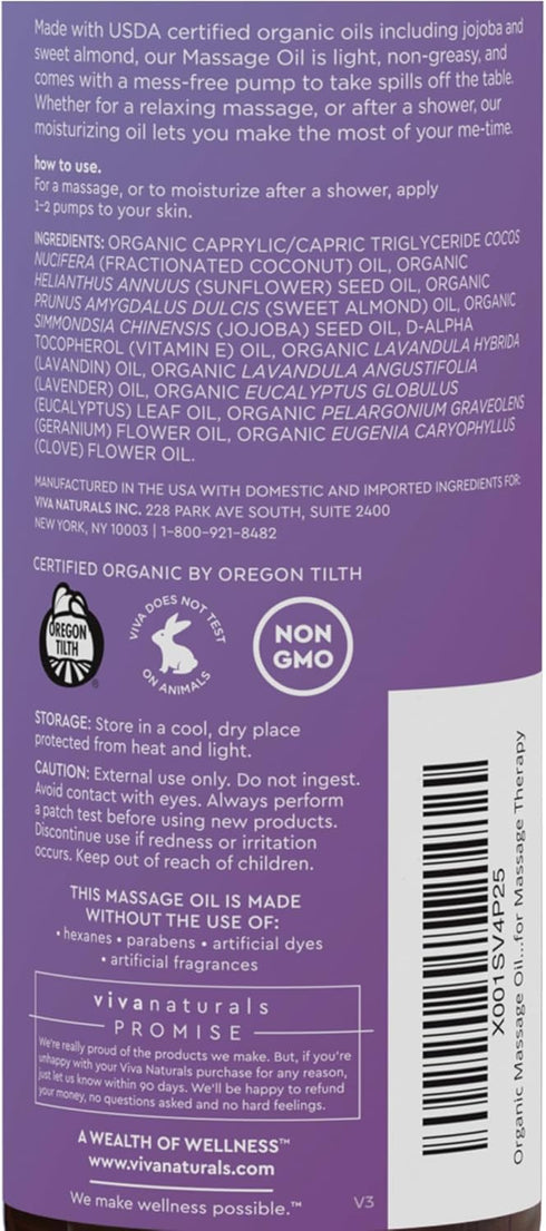 Viva Naturals Organic Massage Oil, 8 fl. oz., Lavender Scented Relaxing Body Massage Oil