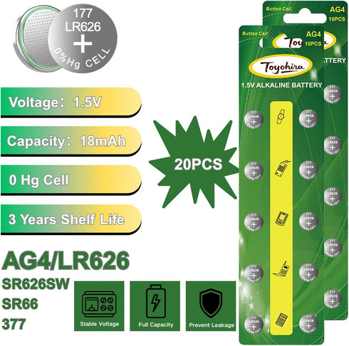 Toyohira SR626SW 20 Pack, 377 AG4 LR626, 1.5V Battery Watch Batteries - Long-Lasting Replacements for Timex Casio Seiko