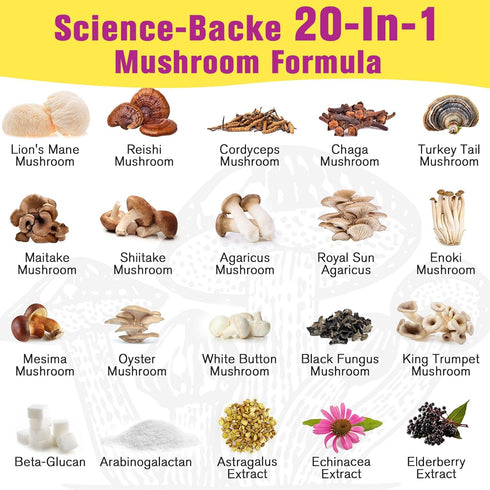 20 in 1 Mushroom Powder Supplement, 5000mg for Mushroom Coffee - Lions Mane, Reishi, Cordyceps, Turkey Tail & Herbs,