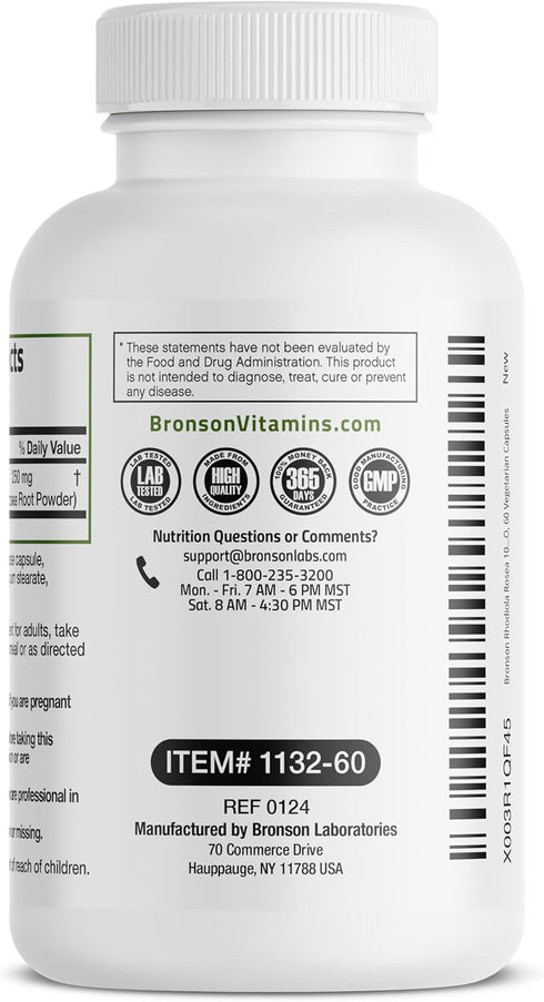 Bronson Rhodiola Rosea Vegetarian Capsules | 60 Count | Adaptogenic Herb for Brain, Stress & Mood Support