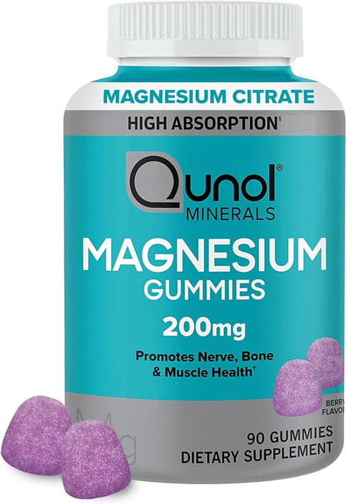 Qunol Magnesium Gummies for Adults, 200mg Magnesium Citrate, 90 Count, Supports Nerve and Bone Health
