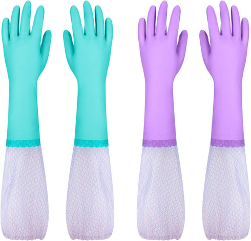 Reusable Long Sleeve Dishwashing Gloves, Latex Free with Cotton Lining, Kitchen Gloves 2 Pairs, Purple+Blue