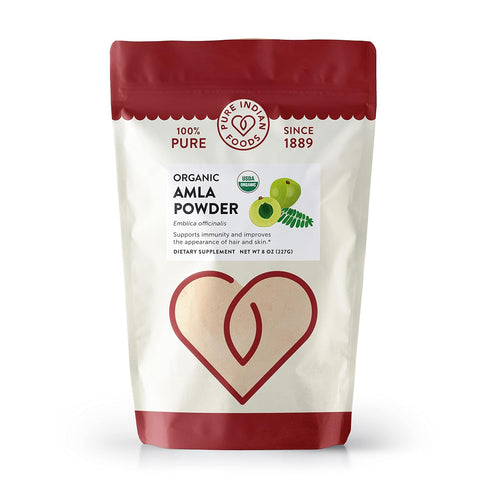 Pure Indian Foods Organic Amla Powder, 8 oz, Water-Soluble Amalaki Dietary Supplement, Perfect for Capsules