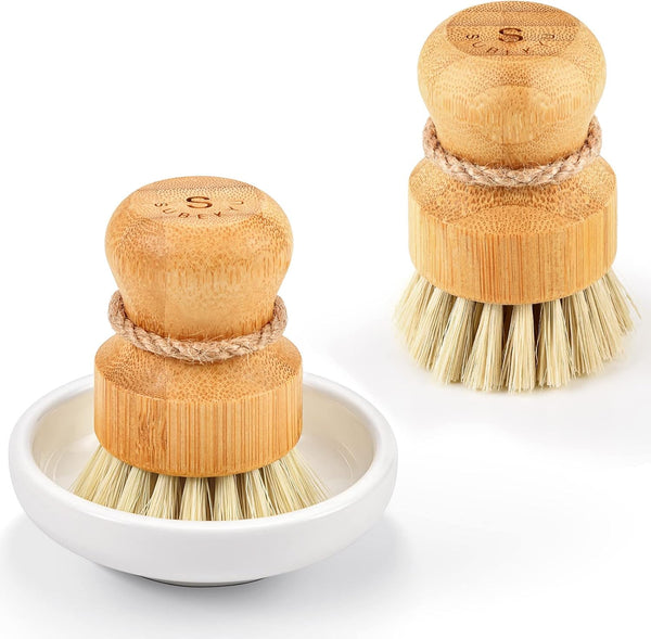 SUBEKYU Bamboo Dish Scrub Brushes Set of 2, Kitchen Wooden Cleaning Scrubbers for Washing Cast Iron Pan/Pot, Natural