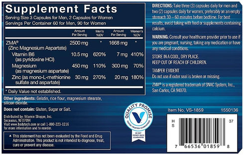 BodyTech ZMA - Zinc, Magnesium and Vitamin B6 (180 Capsules)
