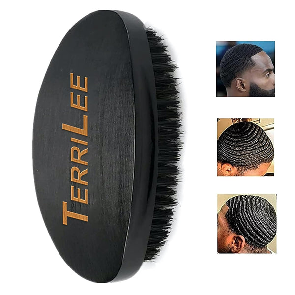 Premium Beech and Black Mix Bristle Wave Brush for Men's Hair Styling - Curved Medium Hard Brush