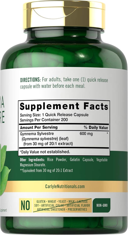 Carlyle Gymnema Sylvestre Capsules | 600mg | 200 Count | Non-GMO and Gluten Free Supplement