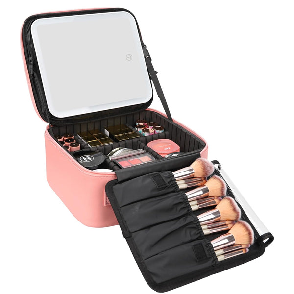 Relavel Travel Makeup Bag with LED Mirror, Waterproof Cosmetic Train Case with Adjustable Brightness, Pink