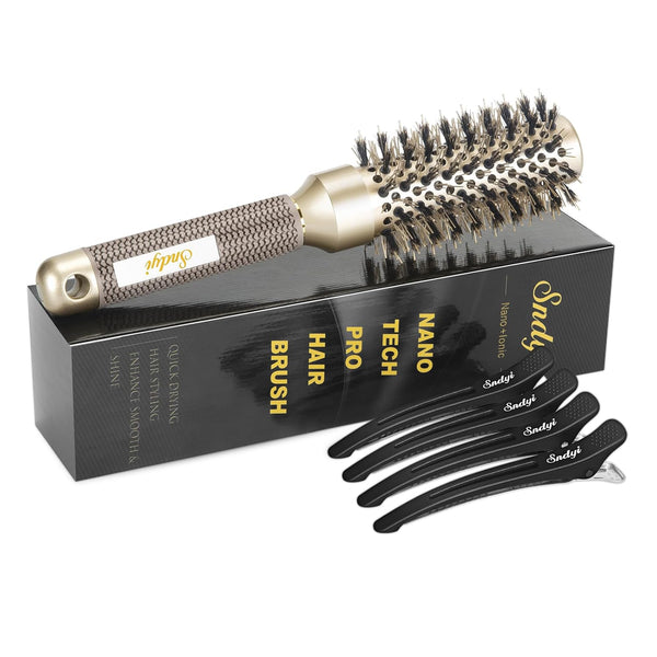 Sndyi 1.3 Inch Small Round Brush for Blow Out, Nano Thermal Ceramic Ionic Hair Brush with Boar Bristles