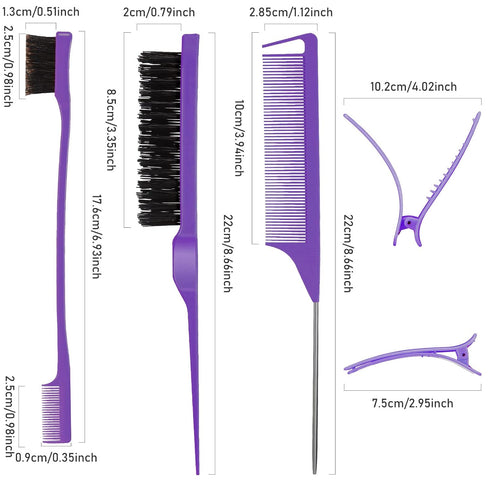 12 Pieces Hair Brush Set, Nylon Teasing Hair Brushes 3 Row Salon Teasing Brush, Double Sided Hair Edge Brush Smooth Comb Grooming, Rat Tail Combs with Duckbill Clips for Women Girls (Purple, Black)