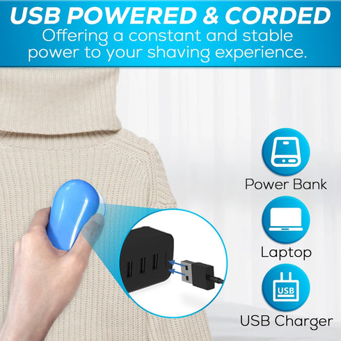 Fabric Shaver Lint Remover, AW union USB Powered Lint Shaver with 70" Cord and 2 Replacement Blades - Blue
