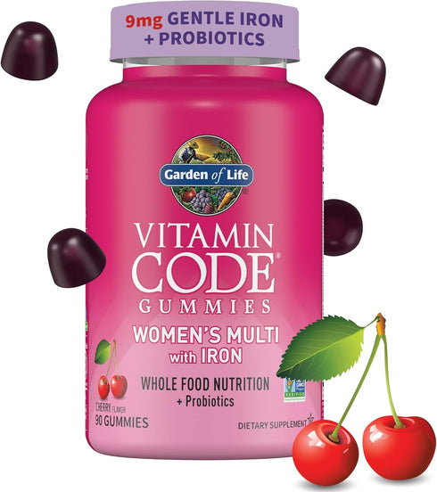 Women’s Multivitamin Gummy with Iron: Folate, Biotin, D3 & B12 for Hair, Skin & Nails, Probiotics - 90 Cherry Gummies
