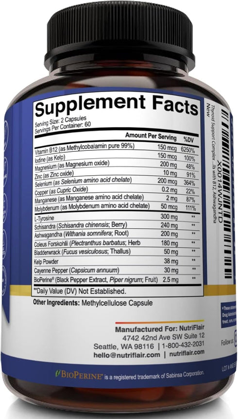 NutriFlair Thyroid Support Complex, 120 Capsules, with Iodine, Black Pepper, Ashwagandha, Vitamin B12
