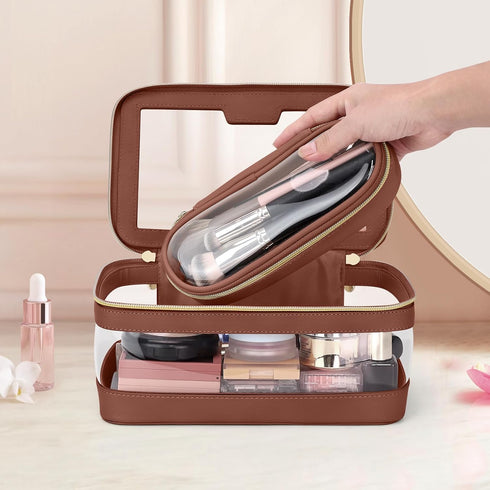 Travel Clear Makeup Bag with Brush Bag, Portable Waterproof Cosmetic Organizer Storage Bag for Women, Brown