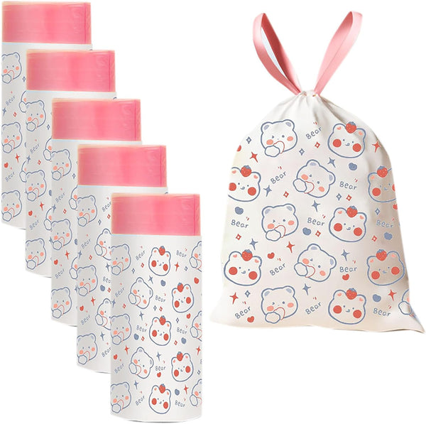4 Gallon Trash Bags, Drawstring Small Trash Bags 1.1mil Thick for Bathroom, Kitchen, Bedroom, Office (White-Pink, 75