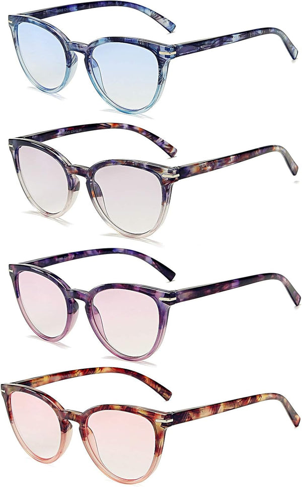 100 CLASSIC 4-Pack Trendy Colored Lens Cateye Reading Glasses for Women - Spring Hinges Fashion Eyeglasses (1.25x)
