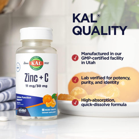 KAL Zinc Plus C, Instant Dissolve Vitamin C and Zinc, Natural Tangerine Flavor, 90 Servings, 90 Micro Tablets