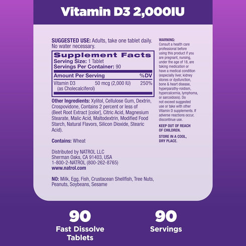 Natrol Fast Dissolve Vitamin D3 2,000 IU - 90 Tablets for Bone and Joint Health