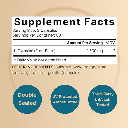 L Tyrosine Supplement, 1,500mg Per Serving, 240 Capsules | Essential Amino Acids for Brain Health, Cognitive Support