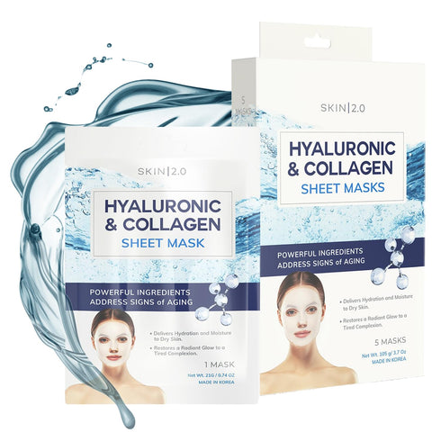 Hyaluronic Acid and Collagen Sheet Face Mask for Moisture & Skin Firming, Cruelty Free Korean Skin Care, 5 Masks