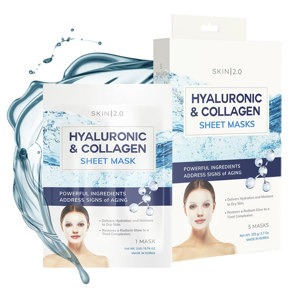 Hyaluronic Acid and Collagen Sheet Face Mask for Moisture & Skin Firming, Cruelty Free Korean Skin Care, 5 Masks