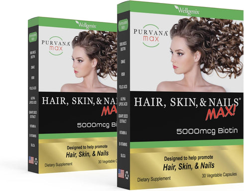 Purvana Max Hair, Skin, and Nails Vitamin, 5000mcg Biotin, Folic Acid, Vegan Support, 30 Caps (Pack of 2)