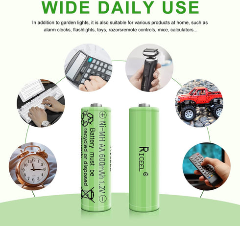 Rechargeable AA Batteries for Solar Lights, 600mAh 1.2V, 12PCS AA Rechargeable Batteries