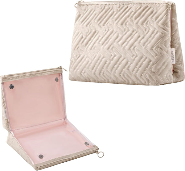 Makeup Bag Travel Essentials - Cute Skincare Pouch Cosmetic Bags for Women - Portable Clear Case Toiletry Bag (Camel,