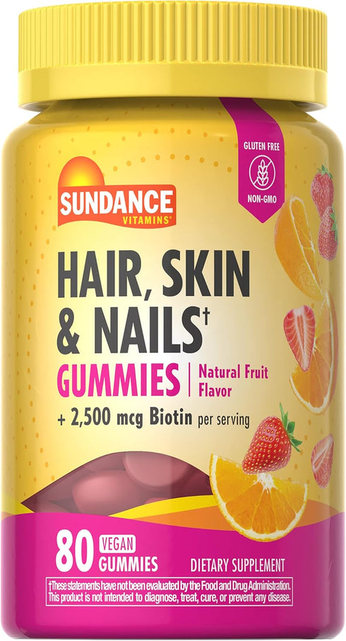 Sundance Hair, Skin, and Nails Gummies, 80 Count, with Biotin 2,500 mcg, Vegan, Non-GMO, Gluten Free