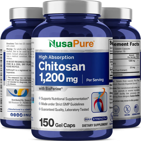 NusaPure Chitosan 1200mg - 150 Caps, Non-GMO & Soyfree with Bioperine