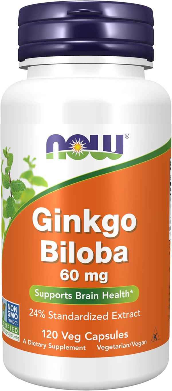 NOW Supplements Ginkgo Biloba 60 mg, 120 Veg Capsules, 24% Standardized Extract, Non-GMO Project Verified