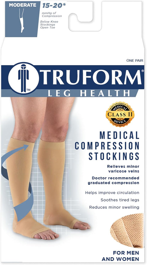 Truform Compression Stockings for Men and Women, 15-20 mmHg, Knee High Length, Open Toe, Beige, Large