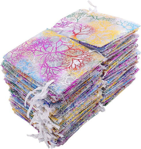 Wudygirl 100pcs Drawstring Organza Bags, 3.54x4.7 inches, White Coralline Pattern for Jewelry, Candy, Wedding Favors