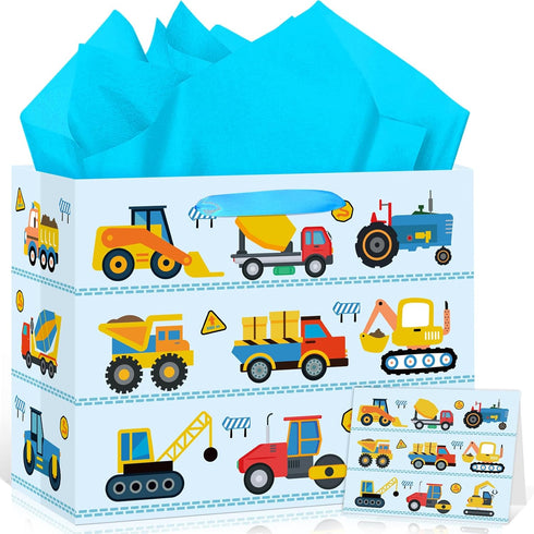 Large Construction Truck Birthday Gift Bag for Kid Blue New Baby Shower