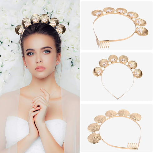 Minkissy Gold Seashell Crown Tiara with Comb, Shell Pearl Headband for Women Girls Wedding