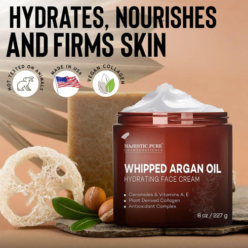 MAJESTIC PURE Whipped Argan Oil Moisturizer Face Cream, 8oz - Hydrates Dry and Oily Skin with Vitamin E, A, Collagen &